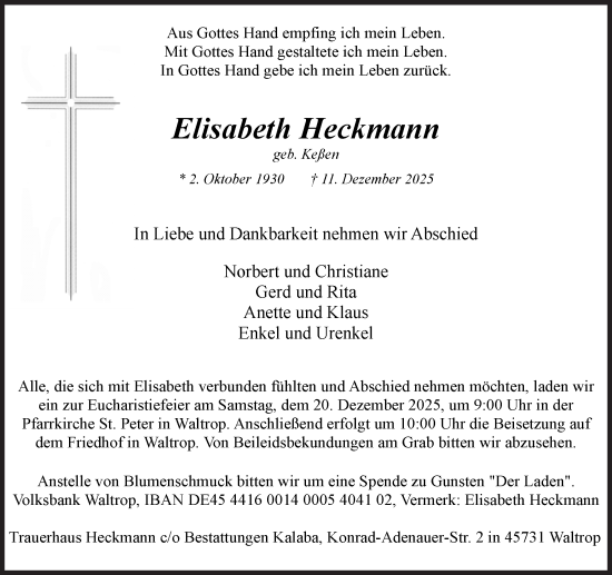 Traueranzeige von Elisabeth Heckmann von Trauer Vest