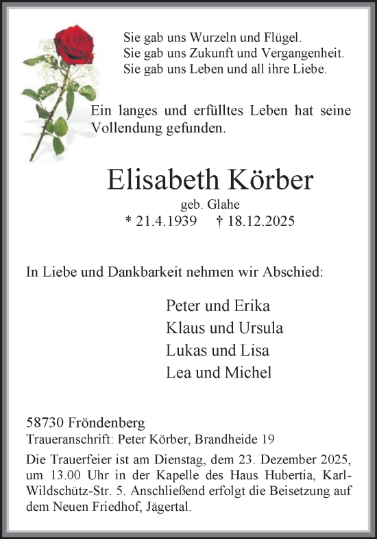 Traueranzeige von Elisabeth Körber von Hellweger Anzeiger