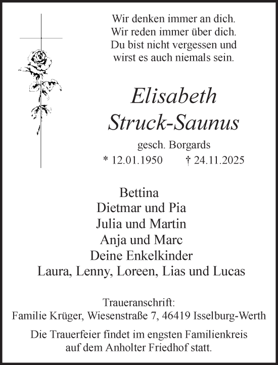 Traueranzeige von Elisabeth Struck-Saunus 