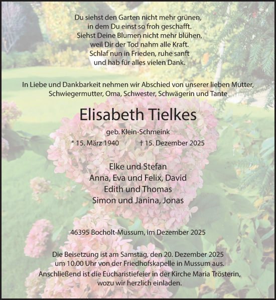 Traueranzeige von Elisabeth Tielkes 