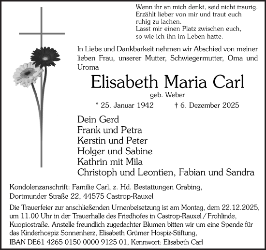 Traueranzeige von Elisabeth Maria Carl von Stadtanzeiger Castrop-Rauxel