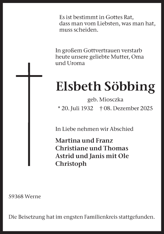 Traueranzeige von Elsbeth Söbbing von Ruhr Nachrichten
