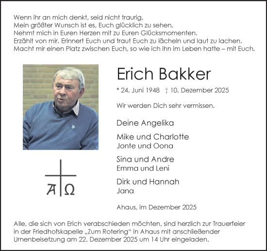 Traueranzeige von Erich Bakker von Münsterland Zeitung