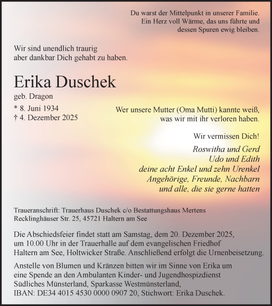 Traueranzeige von Erika Duschek von Ruhr Nachrichten und Halterner Zeitung