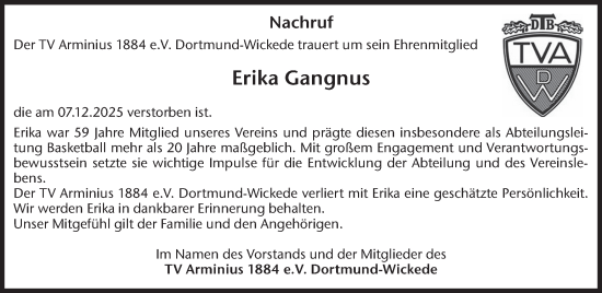 Traueranzeige von Erika Gangnus von Ruhr Nachrichten