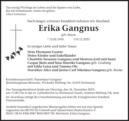 Traueranzeige von Erika Gangnus von Ruhr Nachrichten