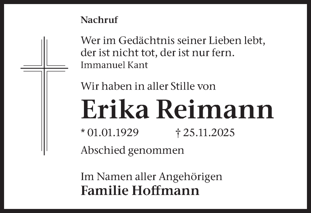 Traueranzeige für Erika Reimann vom 20.12.2025 aus Ruhr Nachrichten