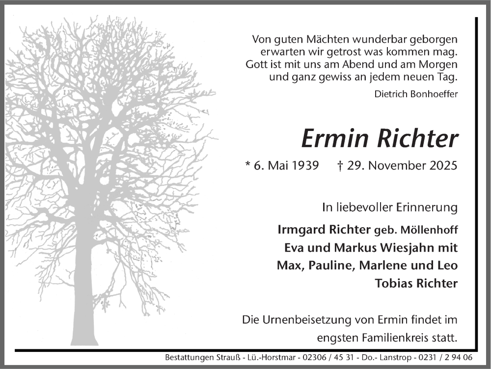  Traueranzeige für Ermin Richter vom 13.12.2025 aus Lüner Anzeiger