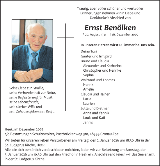 Traueranzeige von Ernst Benölken von Münsterland Zeitung