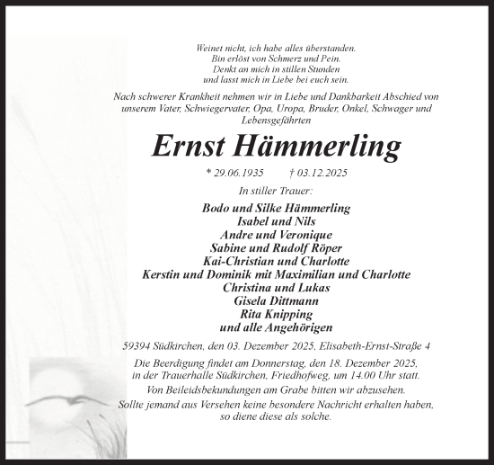 Traueranzeige von Ernst Hämmerling von Ruhr Nachrichten
