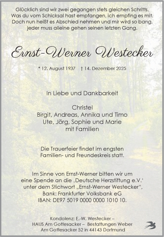 Traueranzeige von Ernst-Werner Westecker von Ruhr Nachrichten