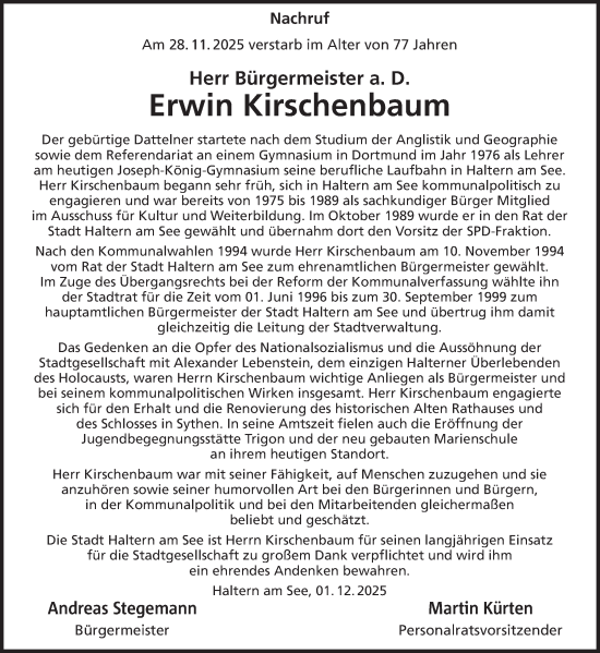 Traueranzeige von Erwin Kirschenbaum von Ruhr Nachrichten und Halterner Zeitung