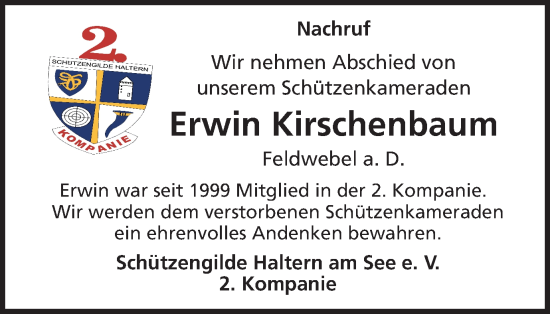 Traueranzeige von Erwin Kirschenbaum von Ruhr Nachrichten und Halterner Zeitung