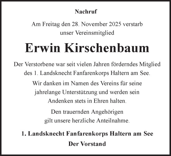 Traueranzeige von Erwin Kirschenbaum von Ruhr Nachrichten und Halterner Zeitung