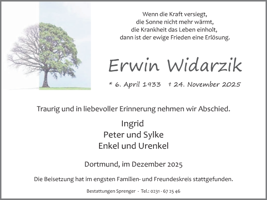 Traueranzeige von Erwin Widarzik von Ruhr Nachrichten
