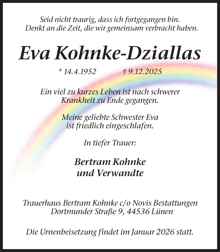  Traueranzeige für Eva Kohnke-Dziallas vom 20.12.2025 aus Lüner Anzeiger