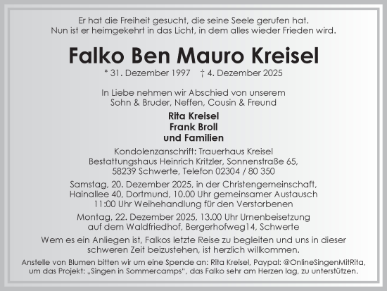 Traueranzeige von Falko Ben Mauro Kreisel von Ruhr Nachrichten