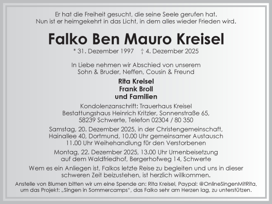 Traueranzeige von Falko Ben Mauro Kreisel von Ruhr Nachrichten