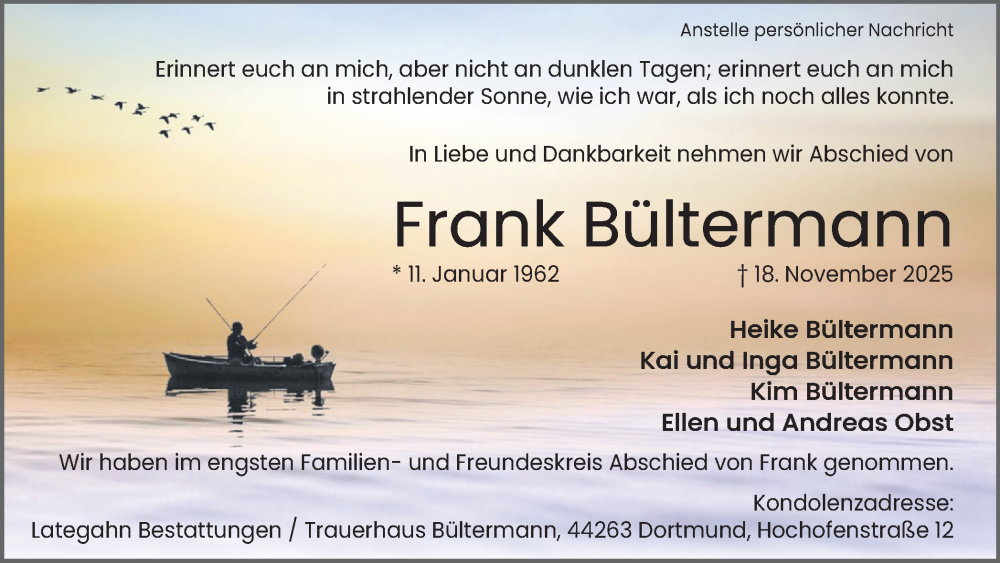  Traueranzeige für Frank Bültermann vom 06.12.2025 aus Ruhr Nachrichten