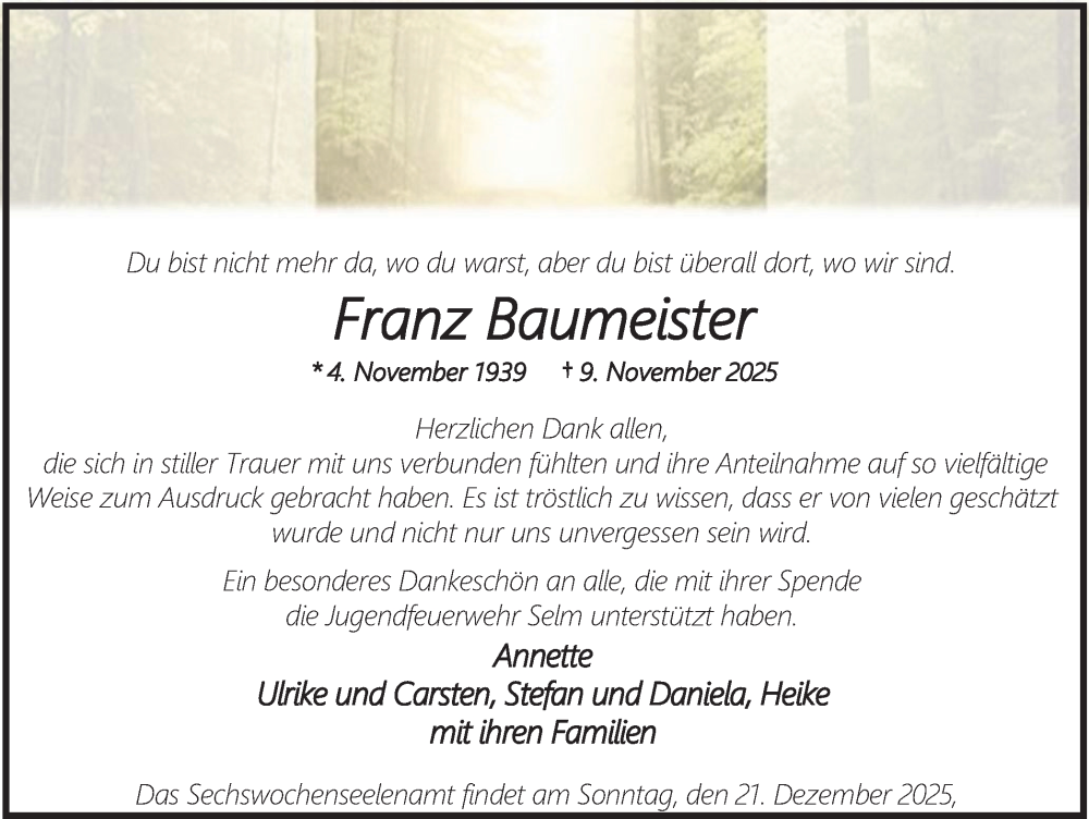  Traueranzeige für Franz Baumeister vom 13.12.2025 aus Ruhr Nachrichten