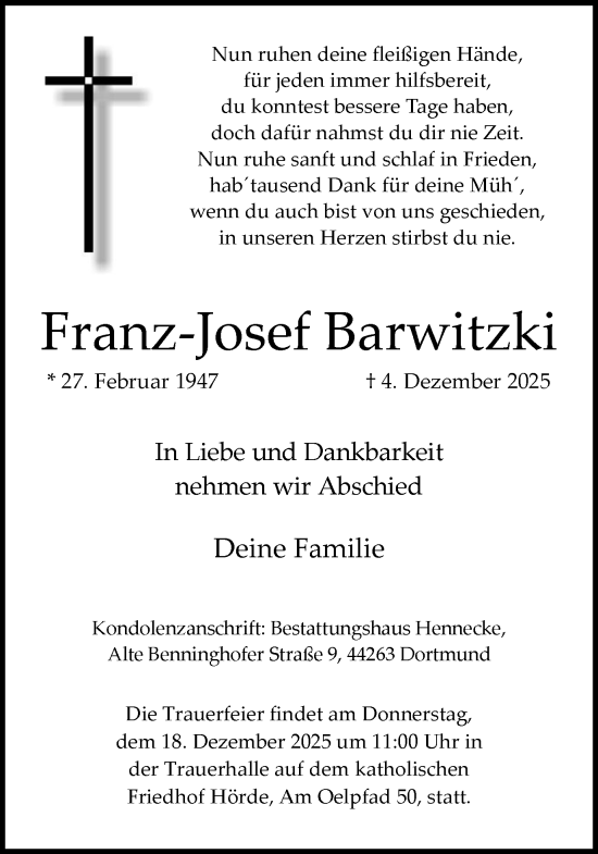 Traueranzeige von Franz-Josef Barwitzki von Ruhr Nachrichten