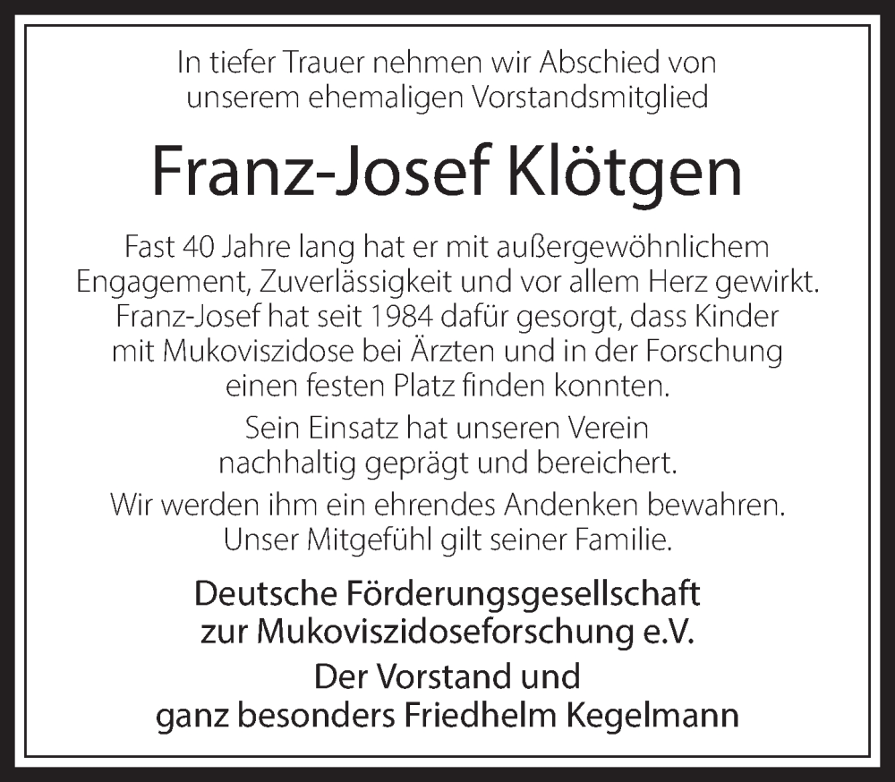  Traueranzeige für Franz-Josef Klötgen vom 19.12.2025 aus 