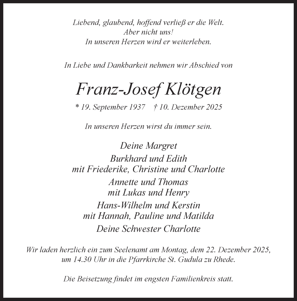  Traueranzeige für Franz-Josef Klötgen vom 18.12.2025 aus 