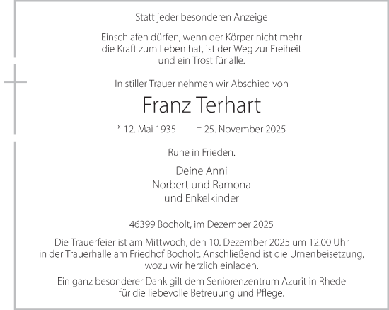 Traueranzeige von Franz Terhart 
