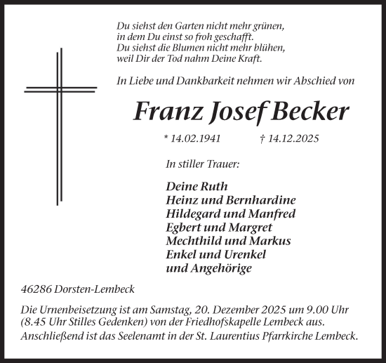 Traueranzeige von Franz Josef Becker von Ruhr Nachrichten und Dorstener Zeitung