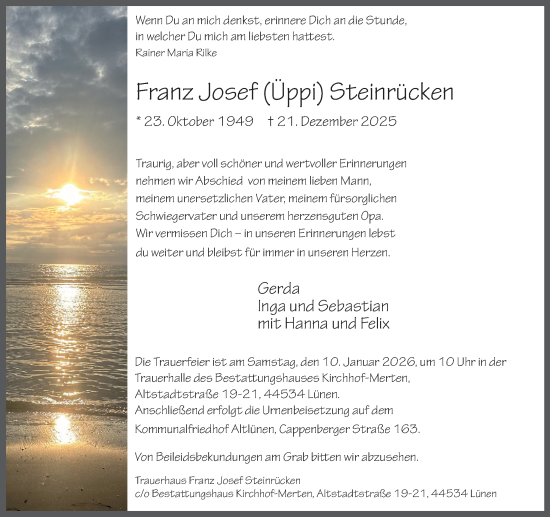 Traueranzeige von Franz Josef Steinrücken von Ruhr Nachrichten