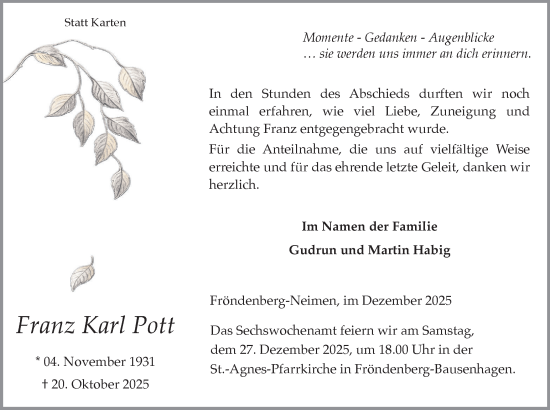 Traueranzeige von Franz Karl Pott von Hellweger Anzeiger