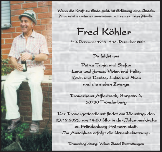 Traueranzeige von Fred Köhler von Hellweger Anzeiger