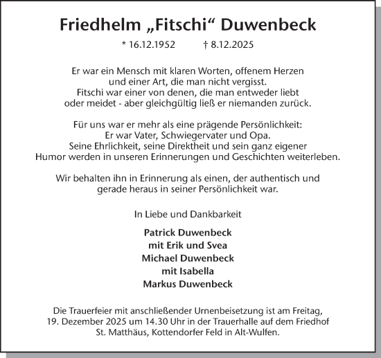 Traueranzeige von Friedhelm Duwenbeck von Ruhr Nachrichten und Dorstener Zeitung