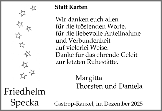 Traueranzeige von Friedhelm Specka von Stadtanzeiger Castrop-Rauxel