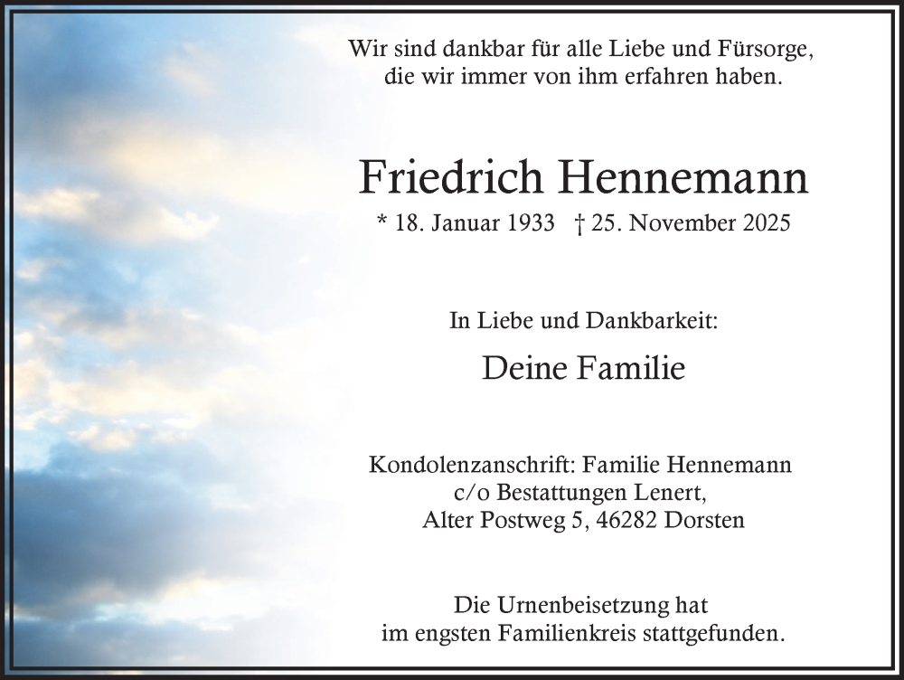  Traueranzeige für Friedrich Hennemann vom 13.12.2025 aus Ruhr Nachrichten und Dorstener Zeitung