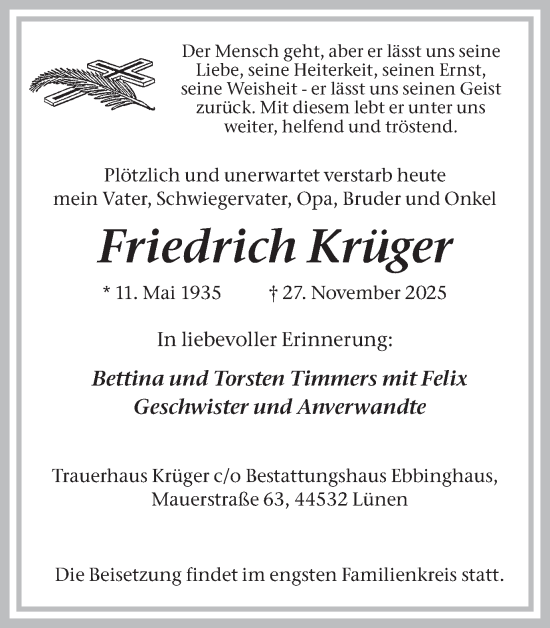 Traueranzeige von Friedrich Krüger von Lüner Anzeiger