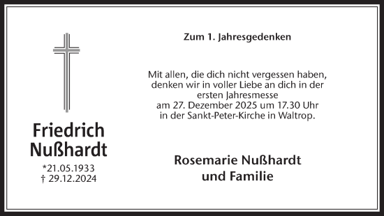 Traueranzeige von Friedrich Nußhardt von Trauer Vest