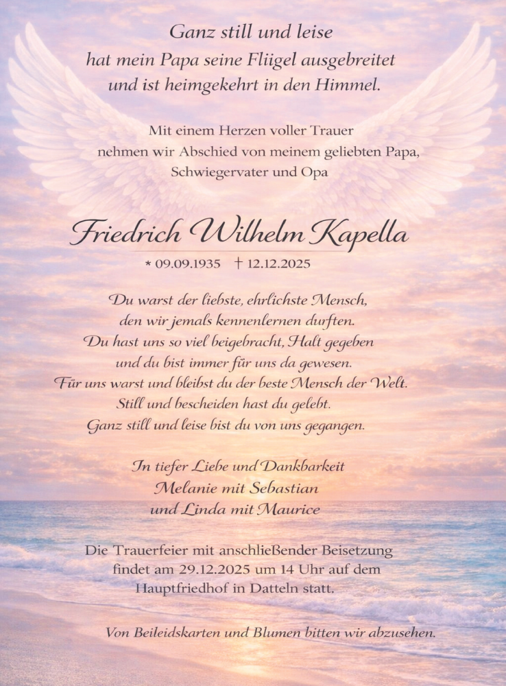  Traueranzeige für Friedrich Wilhelm Kapella vom 24.12.2025 aus Trauer Vest
