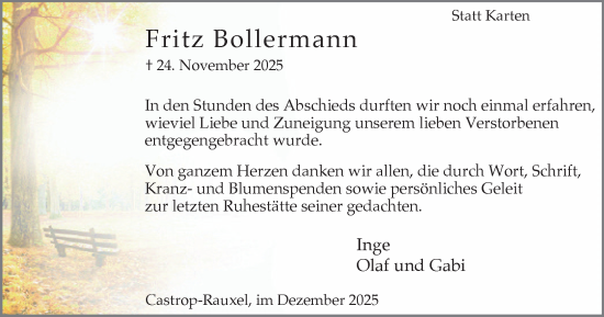 Traueranzeige von Fritz Bollermann von Stadtanzeiger Castrop-Rauxel