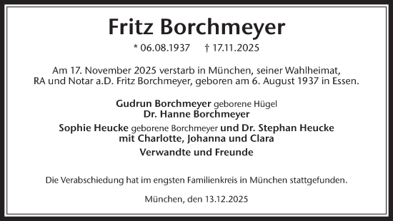 Traueranzeige von Fritz Borchmeyer von Trauer Vest