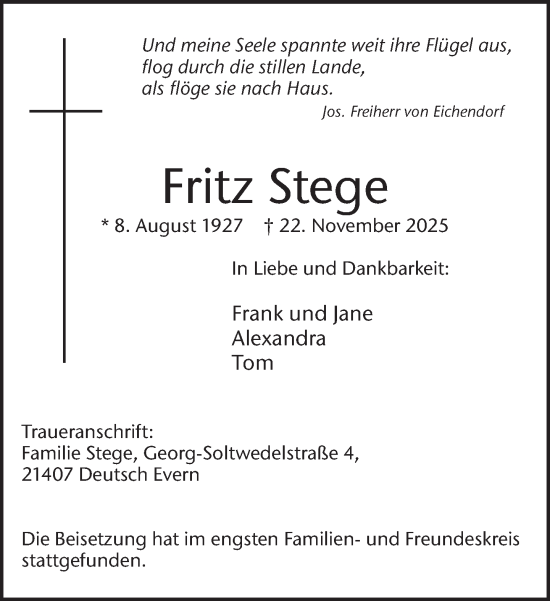 Traueranzeige von Fritz Stege 