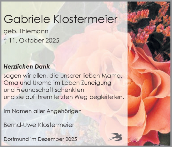 Traueranzeige von Gabriele Klostermeier von Ruhr Nachrichten