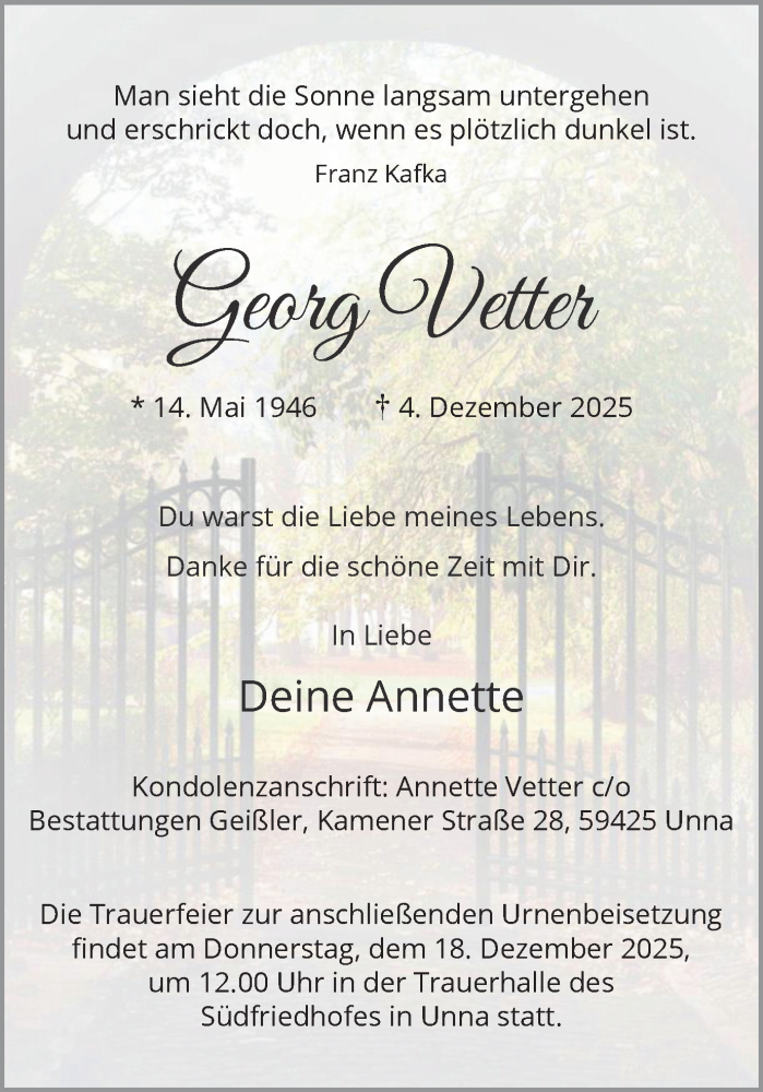  Traueranzeige für Georg Vetter vom 13.12.2025 aus Hellweger Anzeiger