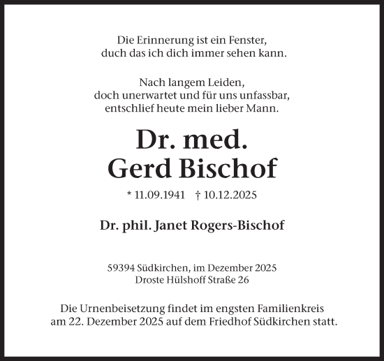 Traueranzeige von Gerd Bischof von Ruhr Nachrichten