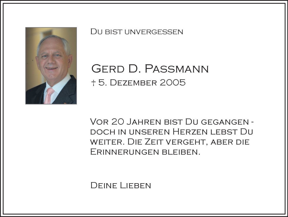  Traueranzeige für Gerd Passmann vom 06.12.2025 aus Hellweger Anzeiger