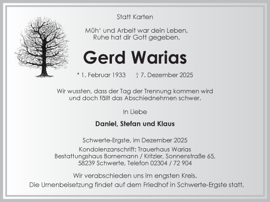 Traueranzeige von Gerd Warias von Ruhr Nachrichten
