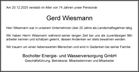 Traueranzeige von Gerd Wiesmann 