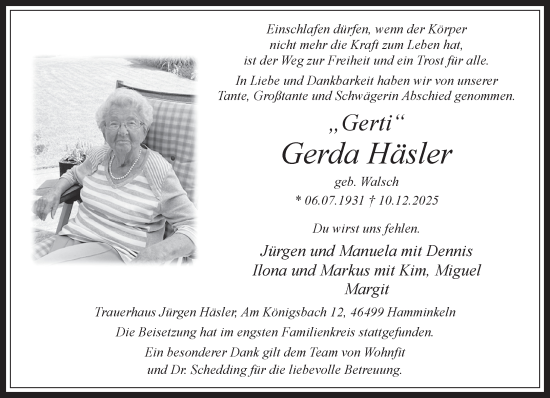 Traueranzeige von Gerda Häsler 