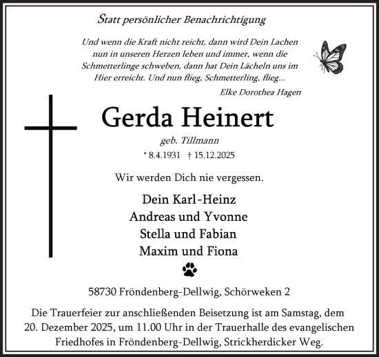 Traueranzeige von Gerda Heinert von Hellweger Anzeiger