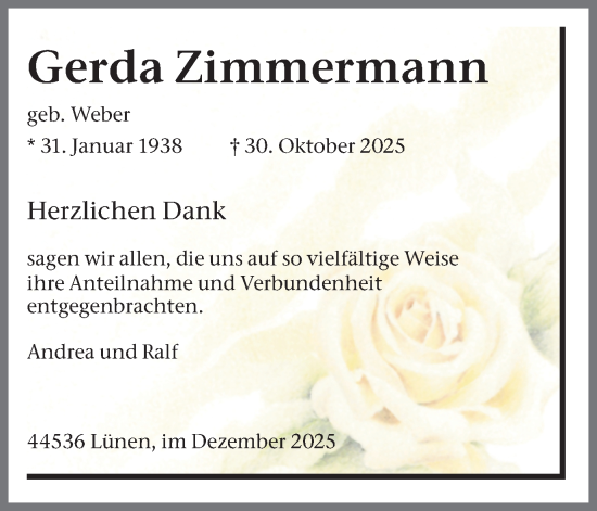 Traueranzeige von Gerda Zimmermann von Lüner Anzeiger